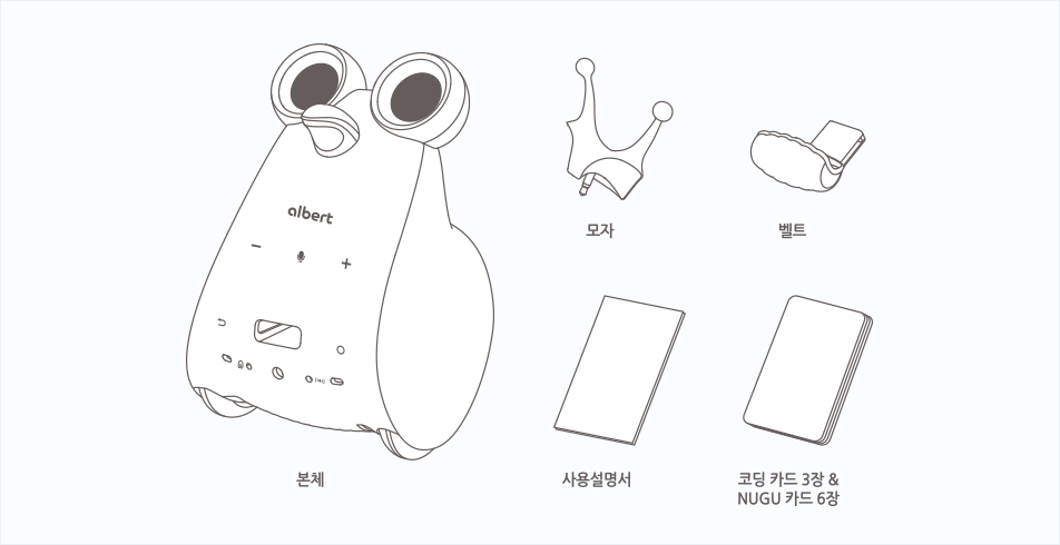 알버트AI 본체, 모자, 벨트, 사용설명서, 코딩 카드 3장&NUGU 카드 6장